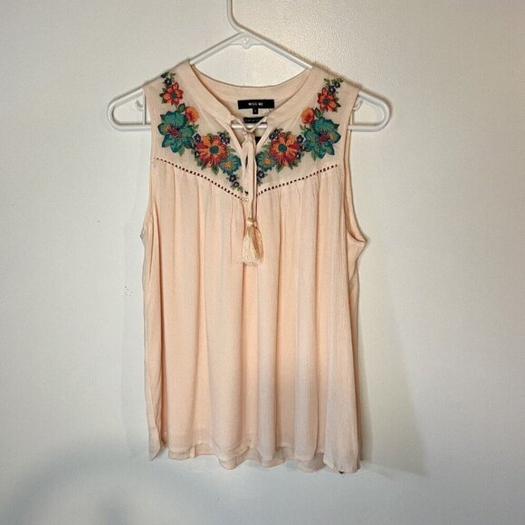 MISS ME women's pink embroidered floral tank top S lined tassels cottagecore - Picture 3 of 10